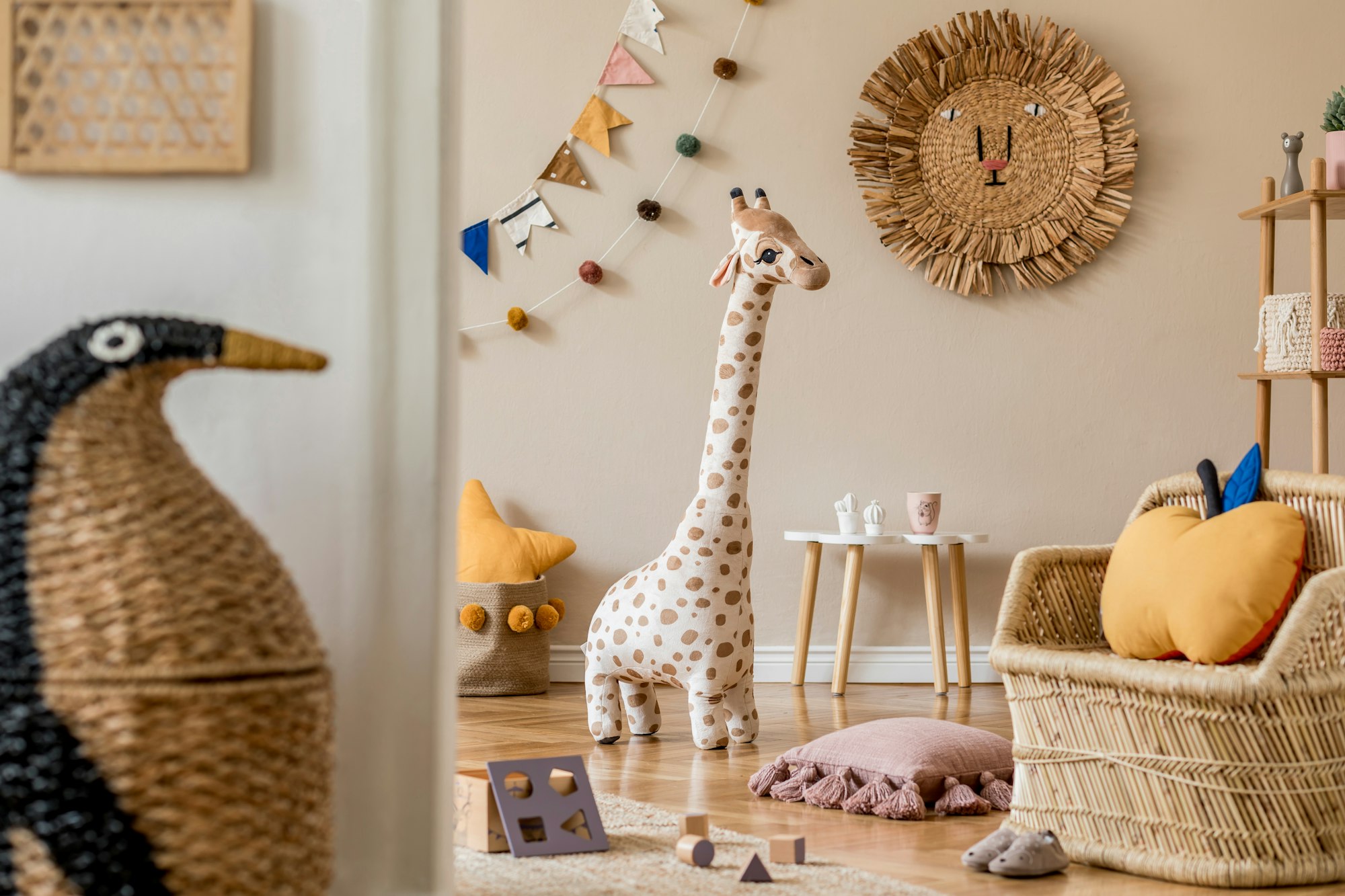 Stylish scandinavian interior of child room with natural toys.